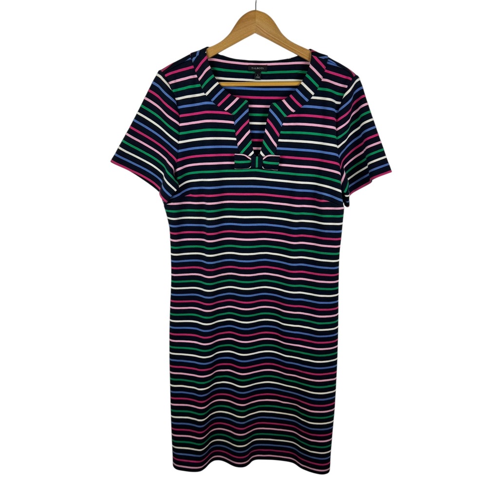 Talbots Striped Knit Shift Dress Large Bow Colorful Preppy Cotton Retro Office
